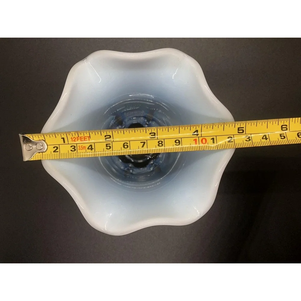 Blue White Opalescent Fade Art‎ Glass Vase Ruffled Rim MCM Style 4